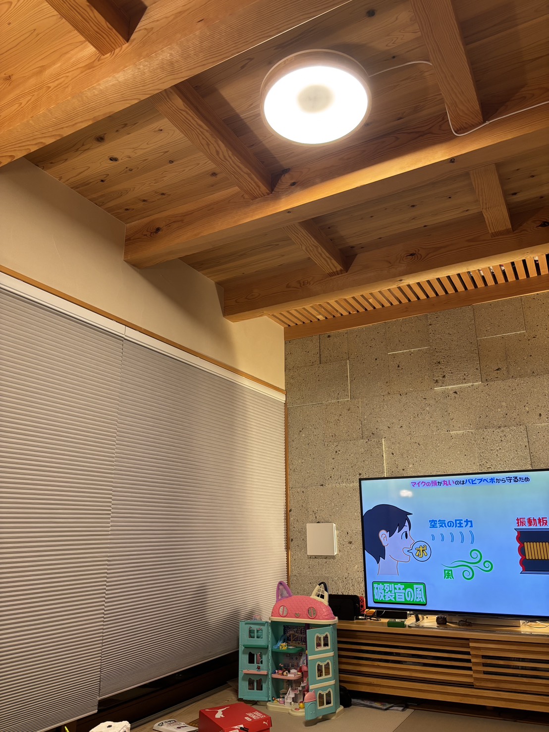 木の天井を主照明と間接照明で照らした大本家のリビング